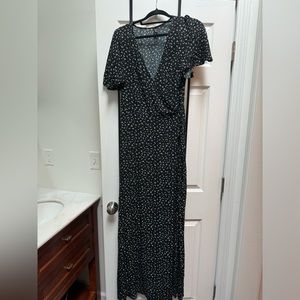 Windsor wrap dress in black and white polka dots with cap sleeve